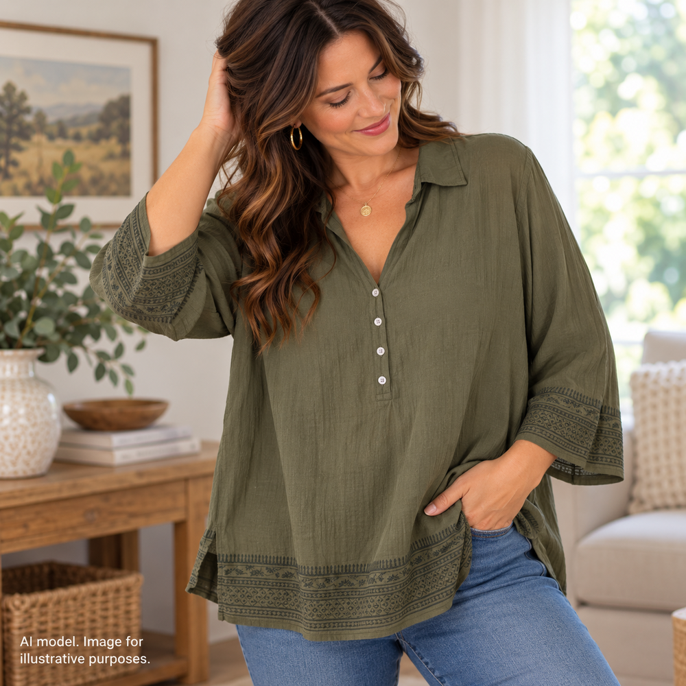 Eddie Bauer Shirt Womens XL Khaki Semi Sheer Embroidered Boho Gypsy Cotton Tunic